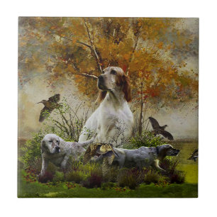 English setter with pheasants, art tile