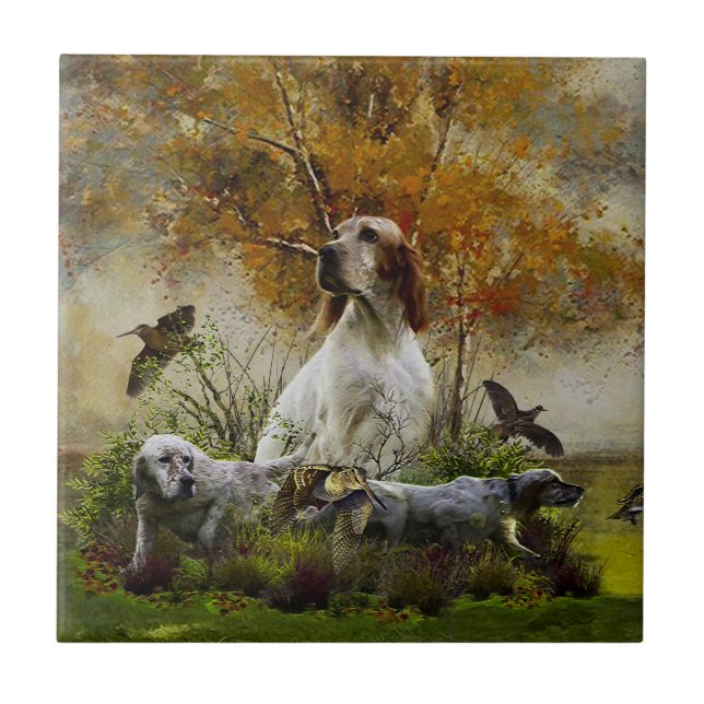 English setter with pheasants, art      tile (Front)