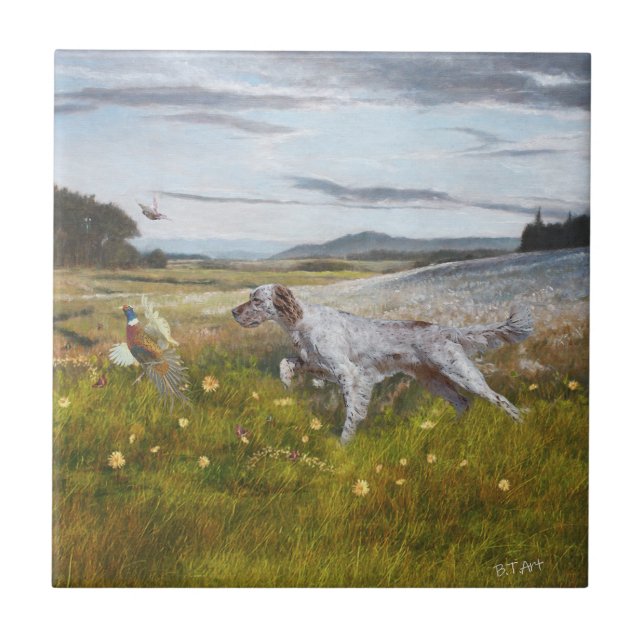 English setter with pheasants, art  tile (Front)
