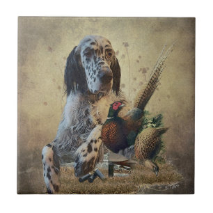 English setter with pheasants, art tile