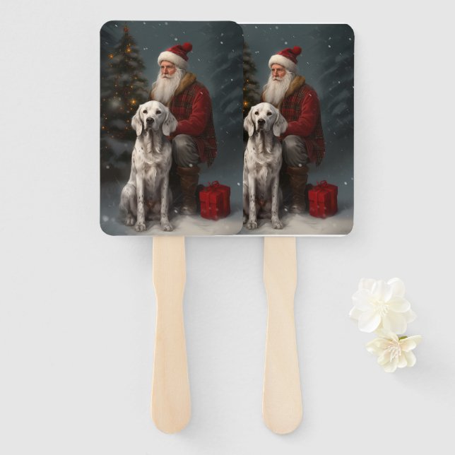 English Setter With Santa Claus Festive Christmas Hand Fan (Front and Back)