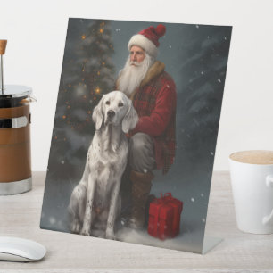 English Setter With Santa Claus Festive Christmas Pedestal Sign