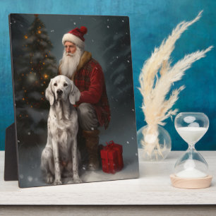 English Setter With Santa Claus Festive Christmas Plaque