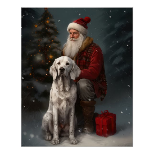 English Setter With Santa Claus Festive Christmas Poster (Front)