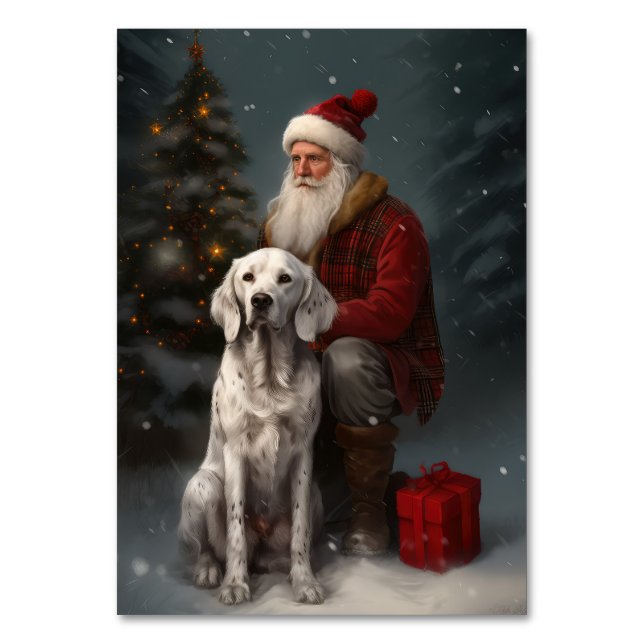 English Setter With Santa Claus Festive Christmas Table Number (Front)