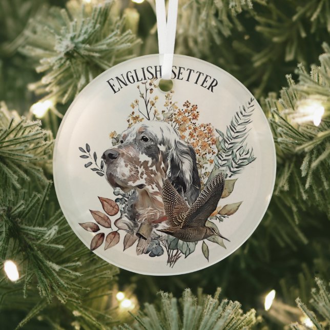 English setter , Woodcock Hunting , Art  Glass Ornament (Insitu)
