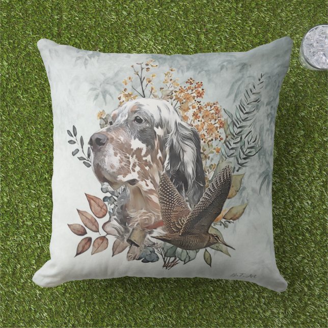 English setter , Woodcock Hunting , Art  Outdoor Pillow (Grass)