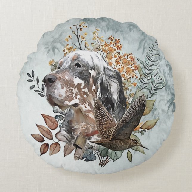 English setter , Woodcock Hunting , Art  Round Pillow (Front)