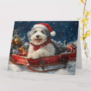 English Sheepdog in Sledge Let it Snow Christmas Card