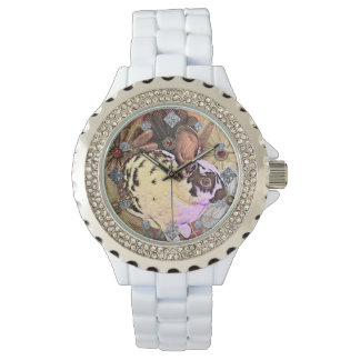 English Spot Bunny with Vintage Lace Flowers Watch