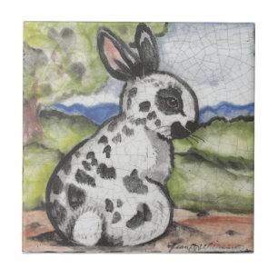 English Spot Rabbit Bunny Black & White Easter Art Tile