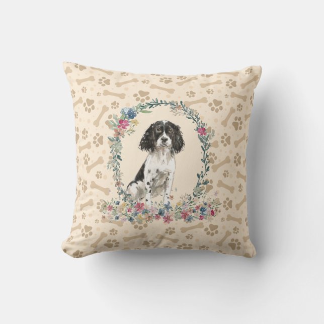 English Springer Spaniel Black Dog Paw Print Cute Throw Pillow (Front)