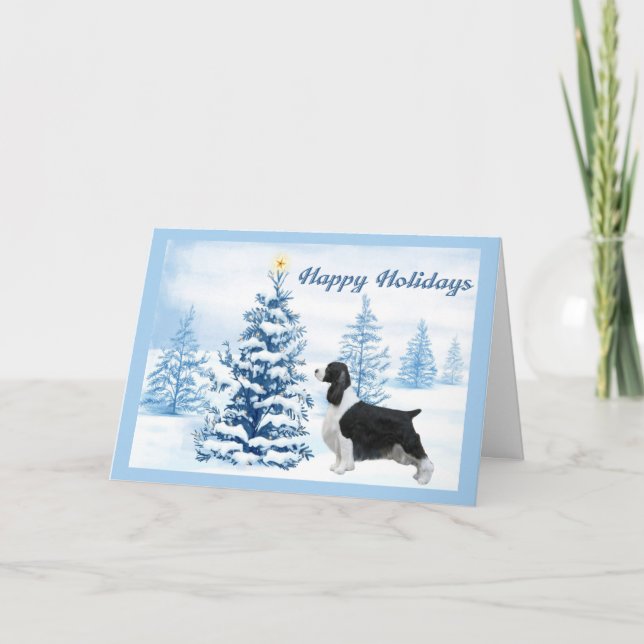 English Springer Spaniel Christmas Card Blue Tree (Front)