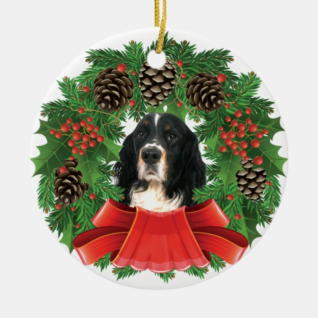 English Springer Spaniel Christmas Holiday Wreath Ceramic Ornament (Front)