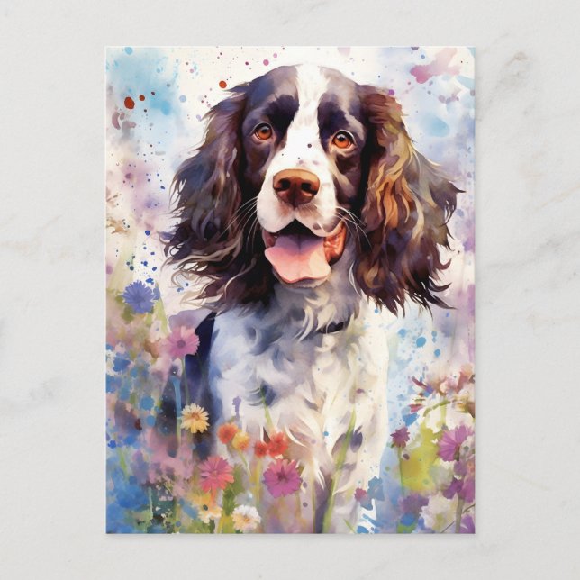 English Springer Spaniel colourful watercolor artw Postcard (Front)
