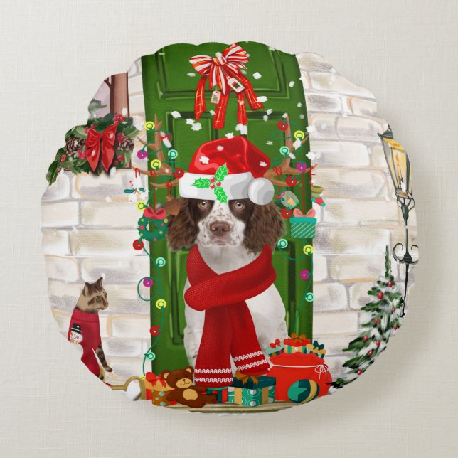 English Springer Spaniel Dog Christmas  Round Pillow (Front)