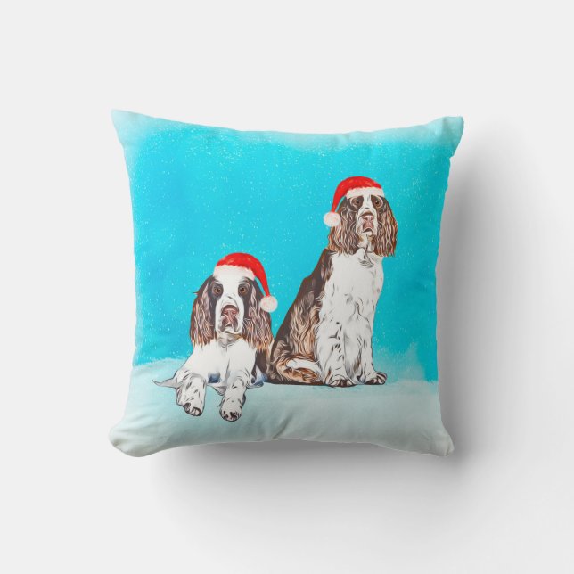English Springer Spaniel Dog In Snow Christmas Hat Throw Pillow (Front)