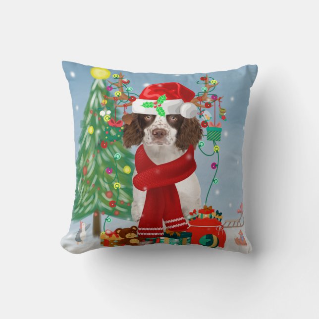 English Springer Spaniel dog with Christmas gifts  Throw Pillow (Front)