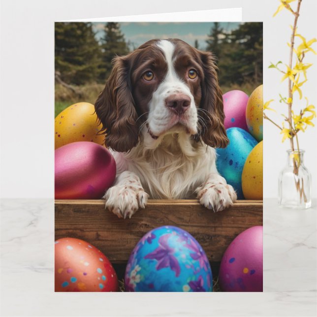English Springer Spaniel Easter Eggs  Card (Yellow Flower)