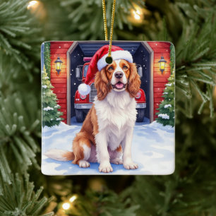 English Springer Spaniel Fire Station Santa Ceramic Ornament