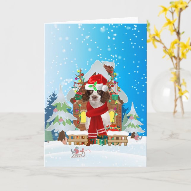 English Springer Spaniel in snow with Christmas gi Card (Yellow Flower)