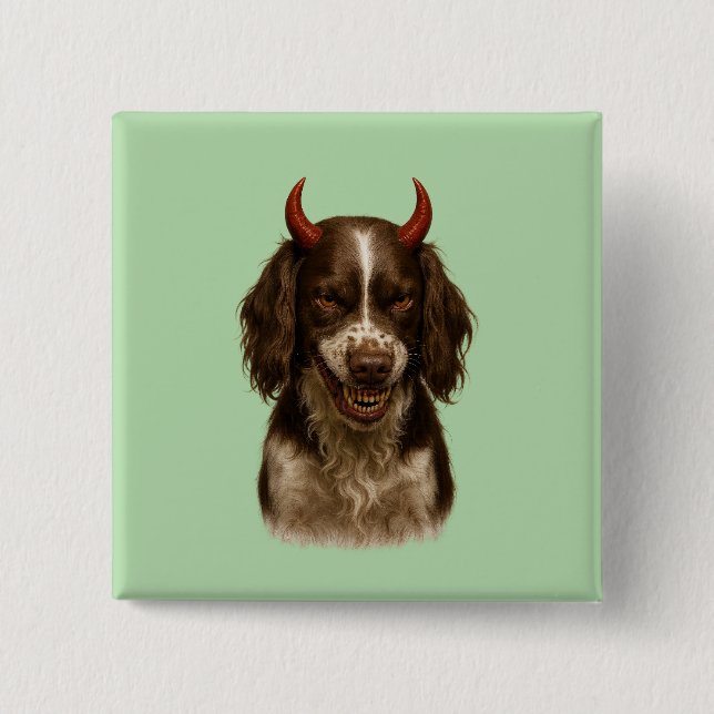 English Springer Spaniel looking devilish badges 2 Inch Square Button (Front)