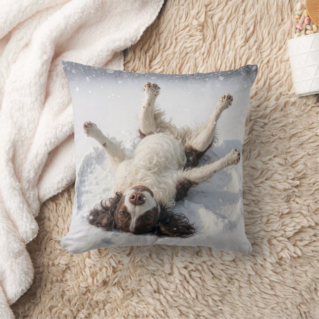 English Springer Spaniel Making a Snow Angel Throw Pillow (Blanket)