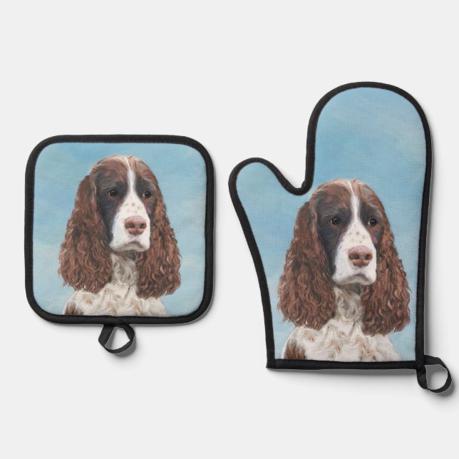 English Springer Spaniel Painting Original Dog Art Oven Mitt & Pot Holder Set (Front)