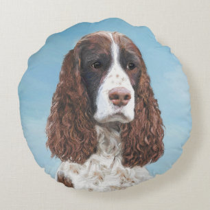 English Springer Spaniel Painting Original Dog Art Round Pillow
