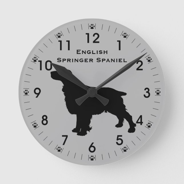English Springer Spaniel Silhouette Personalized Round Clock (Front)
