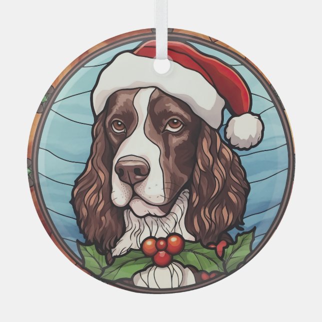 English Springer Spaniel Stained Glass Christmas Glass Ornament (Front)