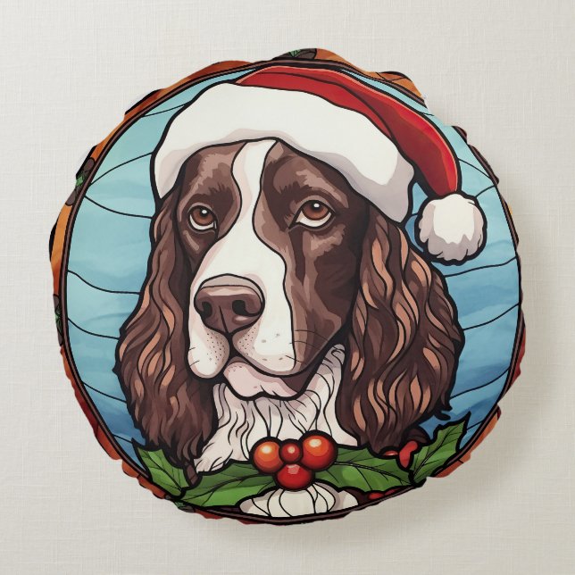 English Springer Spaniel Stained Glass Christmas Round Pillow (Back)