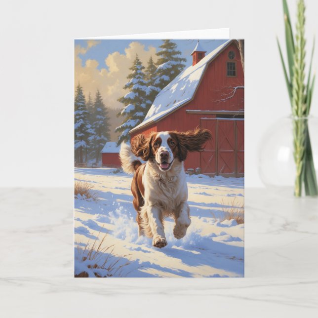 English Springer Spaniel Winter Barn Landscape Card (Front)