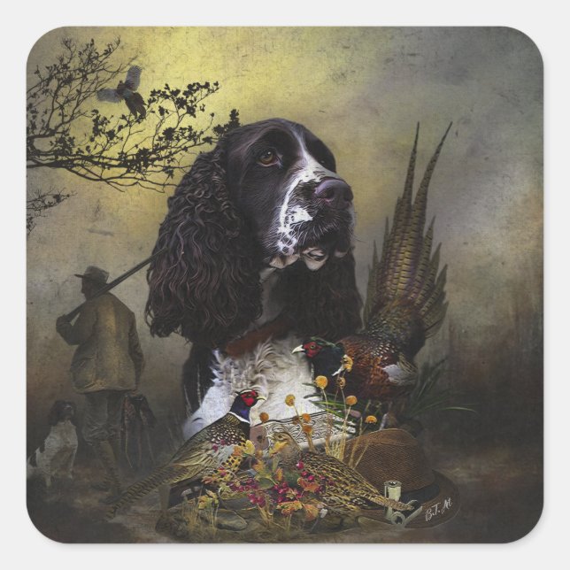 English Springer Spaniel with pheasant   Square Sticker (Front)