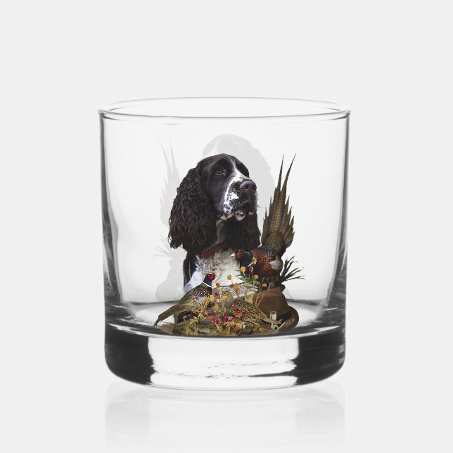 English Springer Spaniel with pheasant    Whiskey Glass (Front)