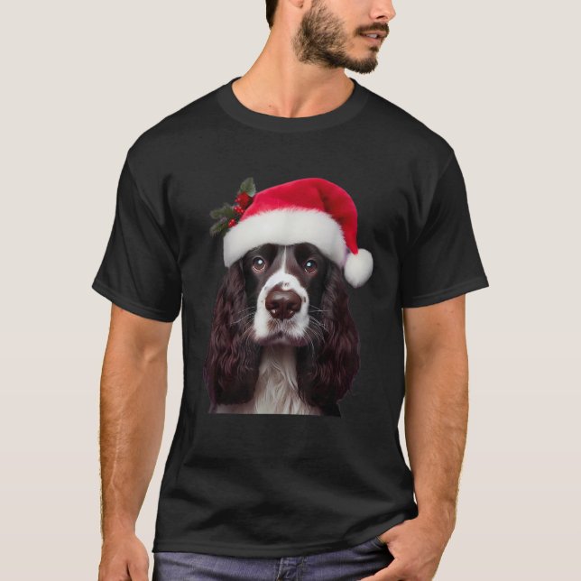 English Springer Spaniel With Santa Hat Christmas  T-Shirt (Front)