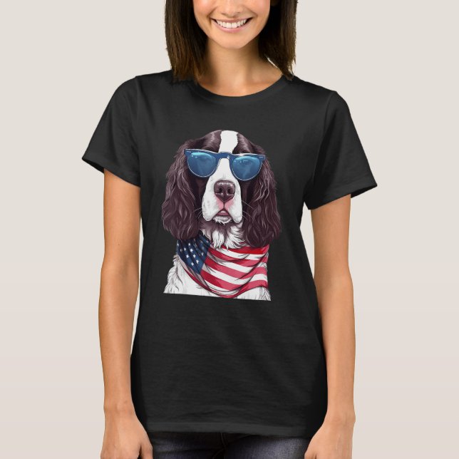 English Springer Spaniel with USA Flag 4th of July T-Shirt (Front)
