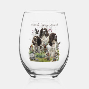 English Springer Spaniels ,Art Stemless Wine Glass