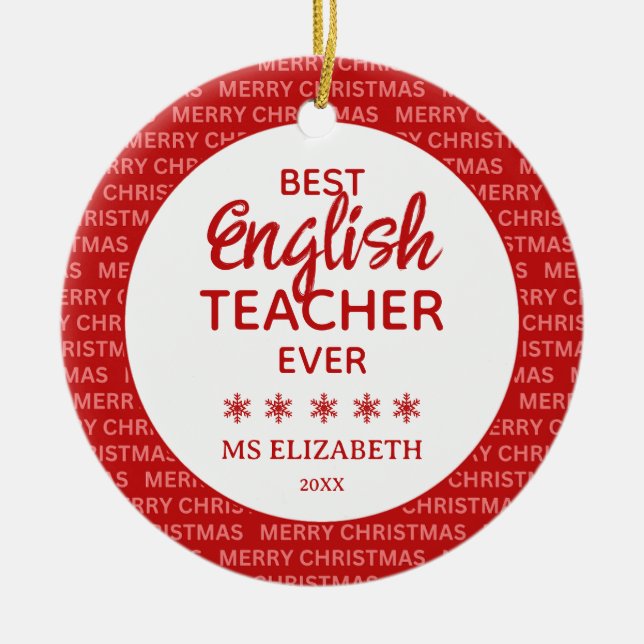 English Teacher Typography Christmas Red Ceramic Ornament (Front)