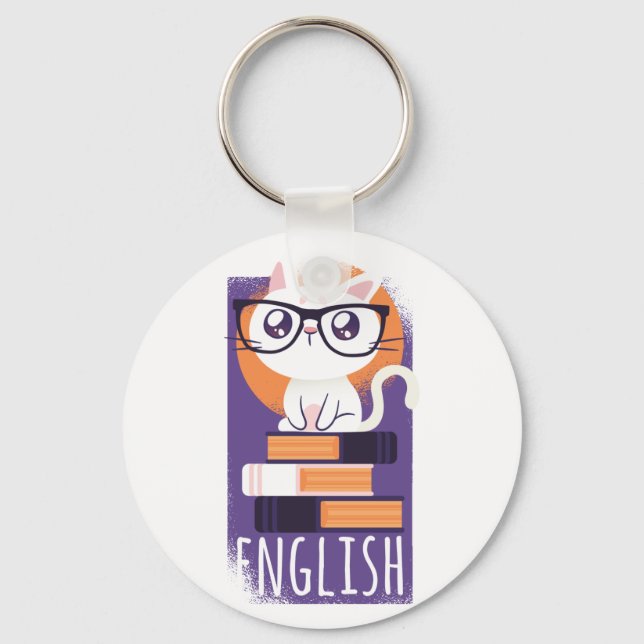 ENGLISH TEACHERS Gift - Cute Kawaii Cat Purple Keychain (Front)