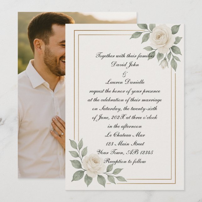 English White Rose Photo Wedding Invitation (Front/Back)