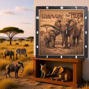 Engraved Besties Elephant Mother Calf Square Wall Clock