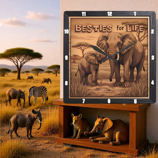 Engraved Besties Elephant Mother Calf Square Wall Clock (Creator Uploaded)