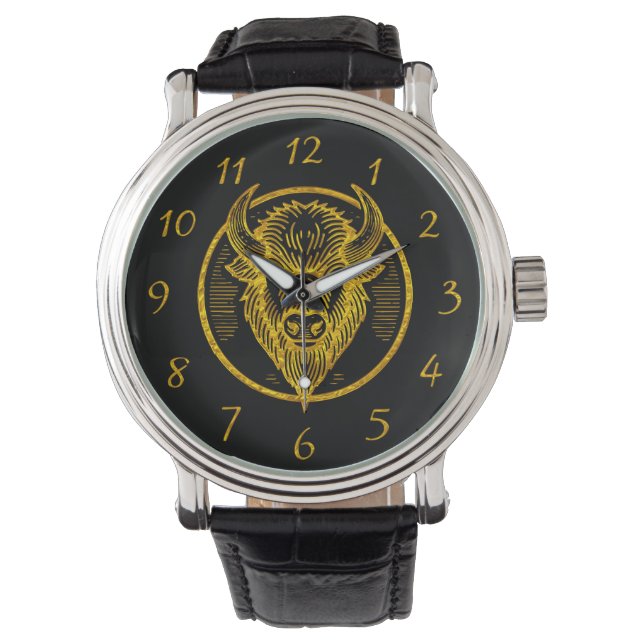 Engraved Bison Buffalo Head in Circular Design Watch (Front)