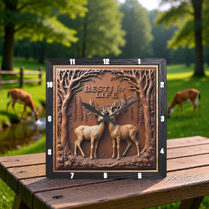 Engraved Deer Stag Forest Trees Square Wall Clock