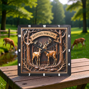 Engraved Deer Stag Pair Dark Forest Square Wall Clock