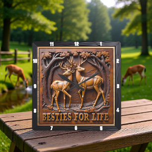 Engraved Deer Stag Pair Rustic Square Wall Clock