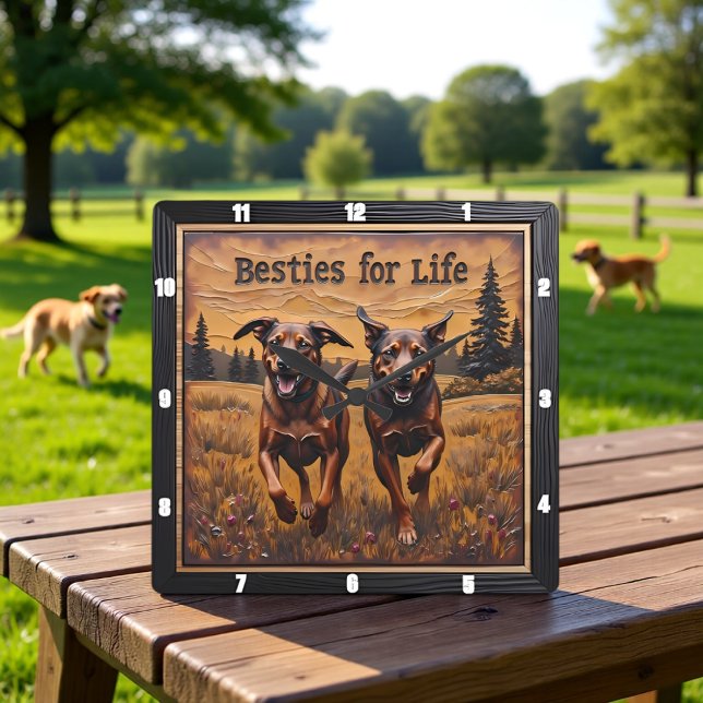 Engraved Dog Pair Happy Forest Square Wall Clock (Creator Uploaded)