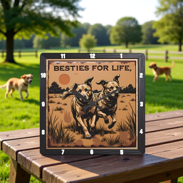 Engraved Dog Pair Tan Orange Square Wall Clock (Creator Uploaded)