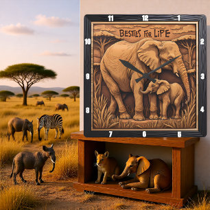 Engraved Elephant Mother Baby Square Wall Clock